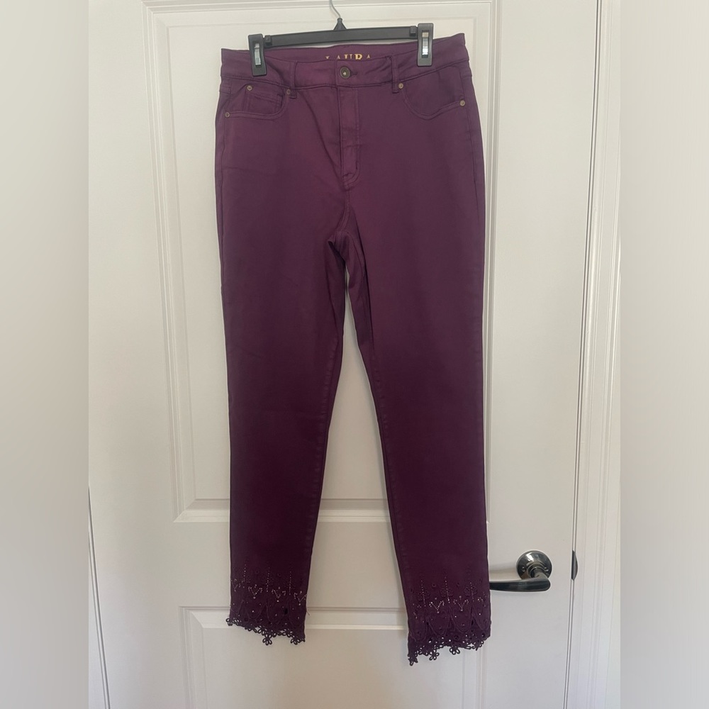 LAURA purple embellished hems jeans with lace and rhinestones